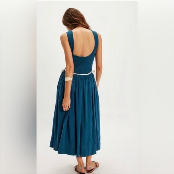 559. FREE PEOPLE Nightingale Seersucker Cotton Midi Dress in Seaside Combo Sz S - Picture 4 of 6
